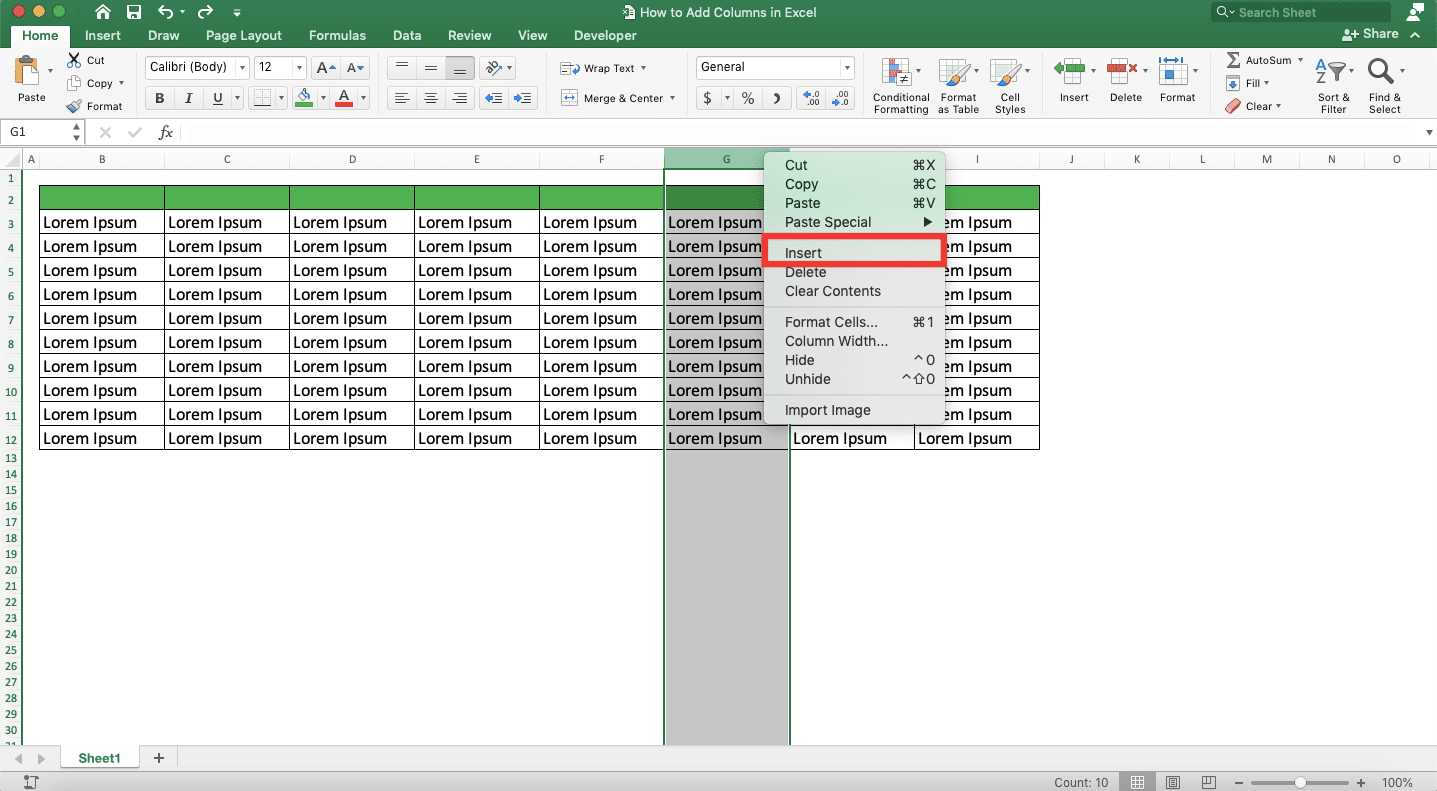 How to Add Columns in Excel - Screenshot of Step to Add a Column in Excel 3-2