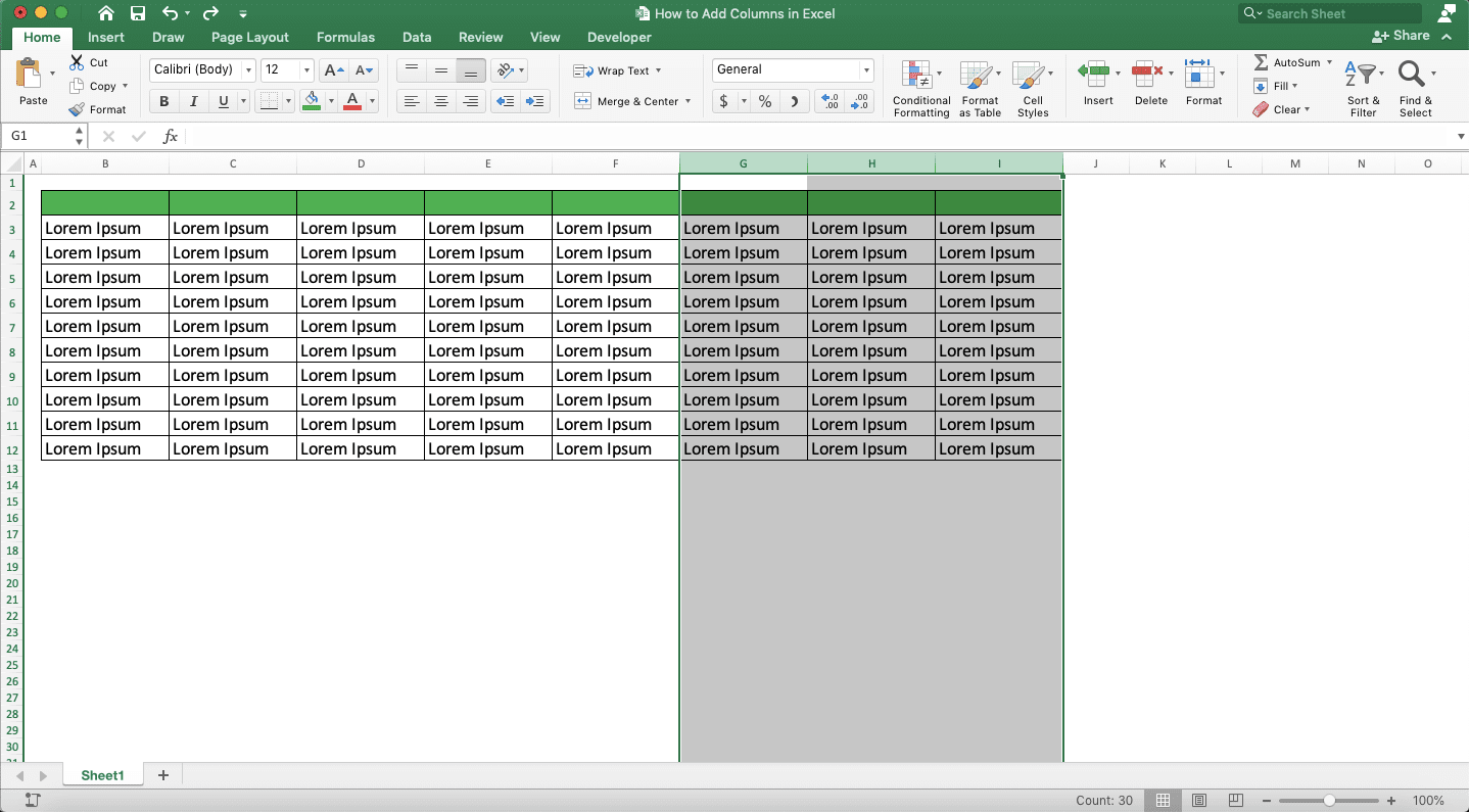 How to Add Columns in Excel - Screenshot of Step to Add Multiple Columns in Excel 2