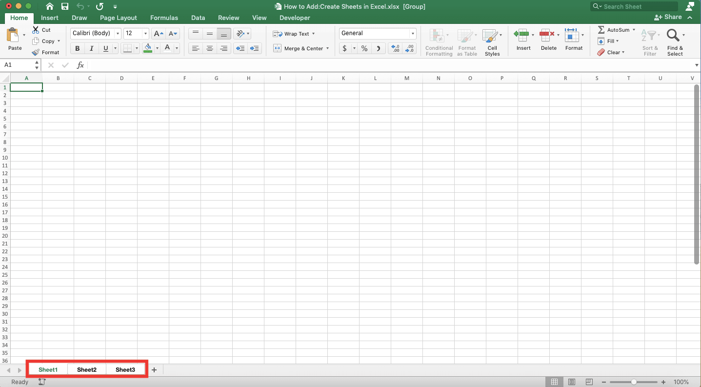 How to Add/Create Sheets in Excel - Screenshot of the Multiple Sheets Selection Result Example