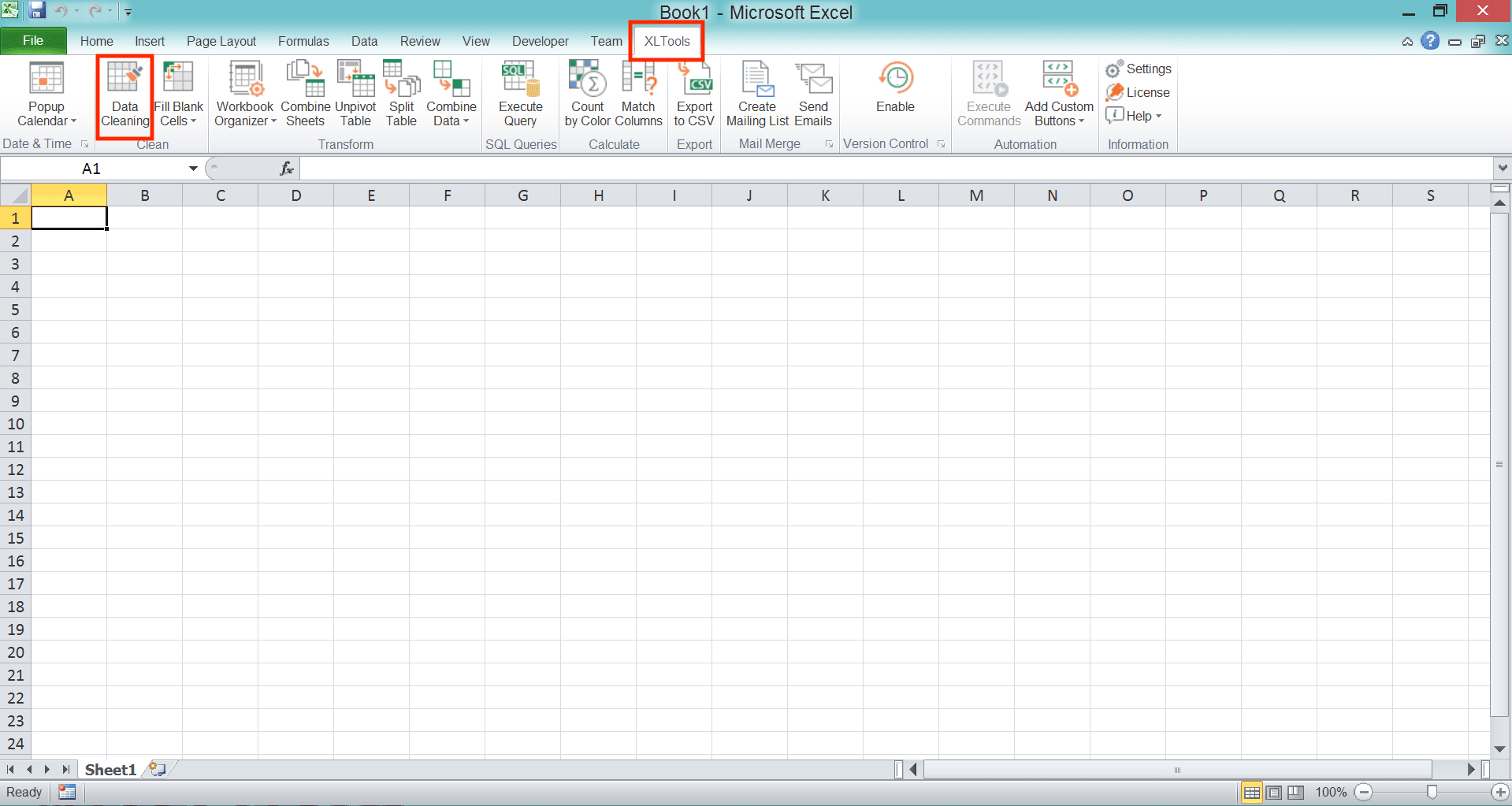 How to Use AutoSum in Excel and Its Usability - Screenshot of the Locations of the XLTools Tab and the Data Cleaning Button in Excel