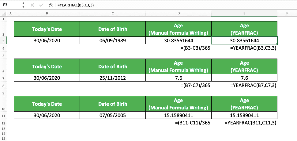 How to Calculate Age in Excel - Screenshot of the Age Calculation Implementation Example with a Decimal Result