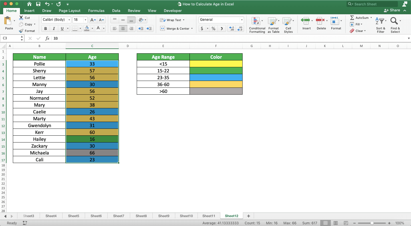 How to Calculate Age in Excel - Screenshot of the Conditional Formatting Implementation Result Example to Highlight Age Numbers According to Their Age Range