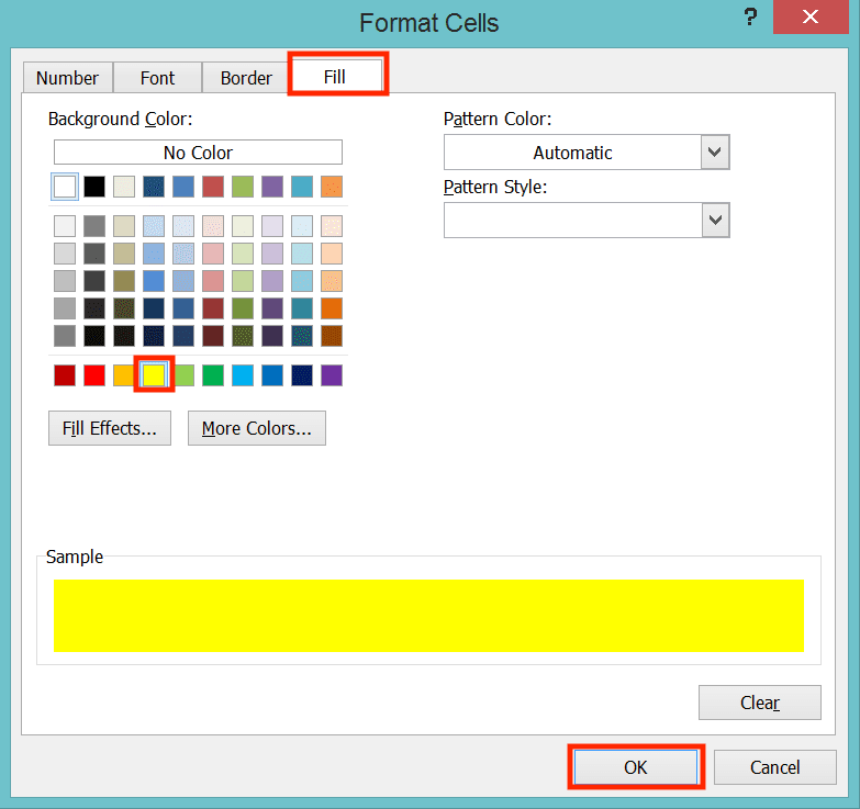 How to Calculate Age in Excel - Screenshot of the Fill Tab, Yellow Color Choice, and OK Button Locations in the Conditional Formatting Dialog Box