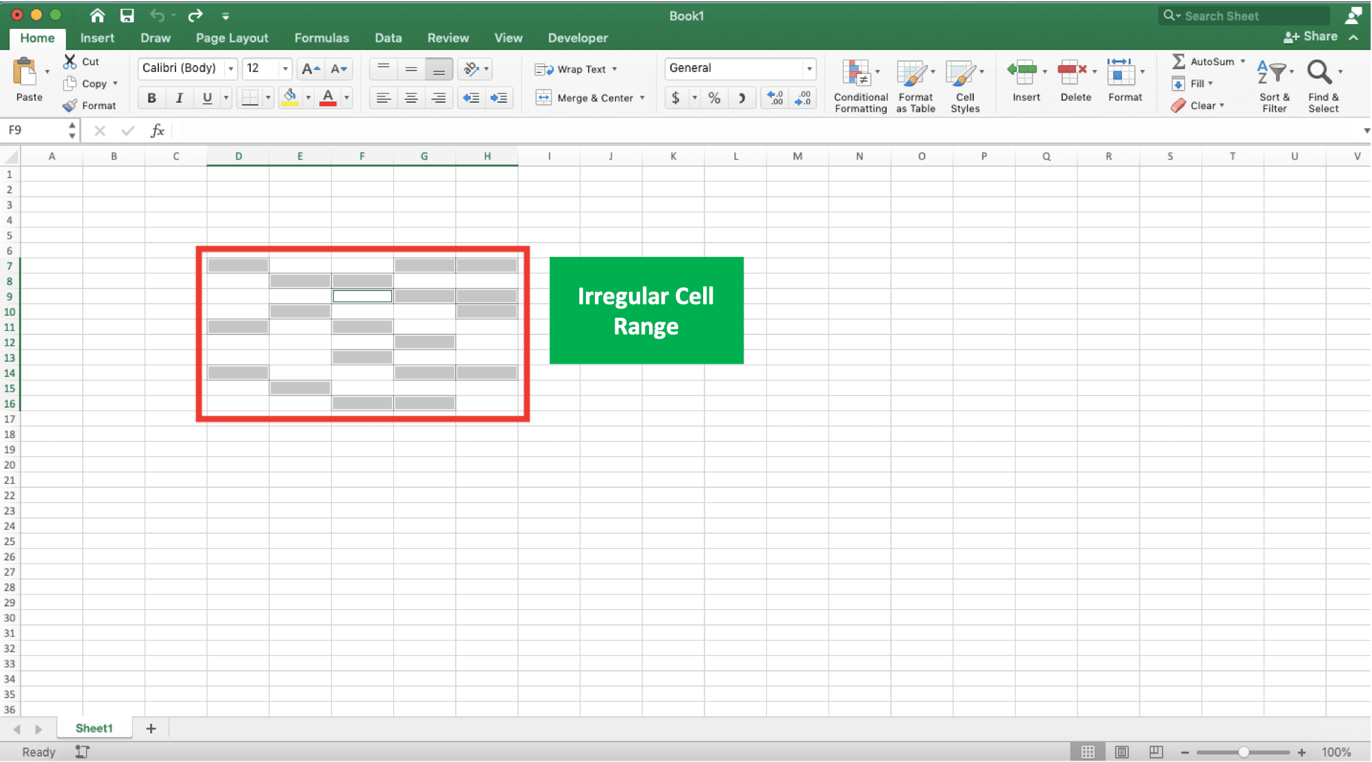 Cell and Cell Range Definition & Difference - Screenshot of the Example of an Irregular Cell Range in Excel