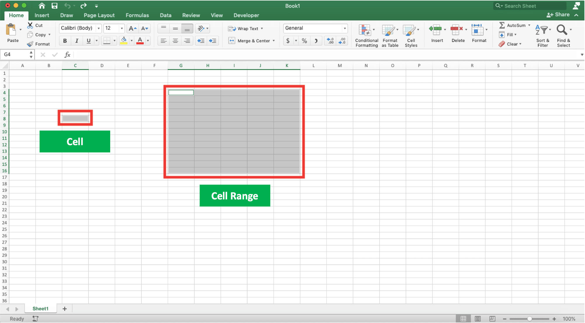 Cell and Cell Range Definition & Difference - Screenshot of the Excel Cell and Cell Range Difference Illustration