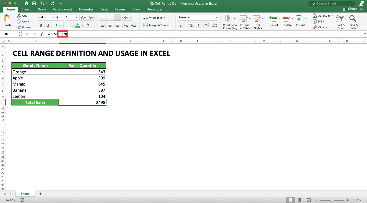 Cell Range Definition and Usage in Excel - Screenshot of the Use of a Cell Range in a Formula Writing