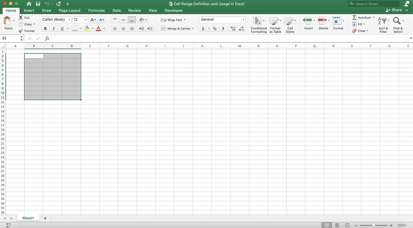 Cell Range Definition and Usage in Excel - Screenshot of the Example of Organized Cell Range