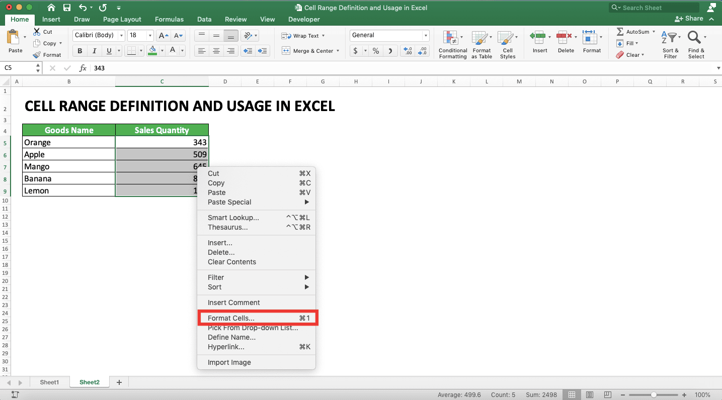 Cell Range Definition and Usage in Excel - Screenshot of the Define Names Choice Location in the Right-Click Menu