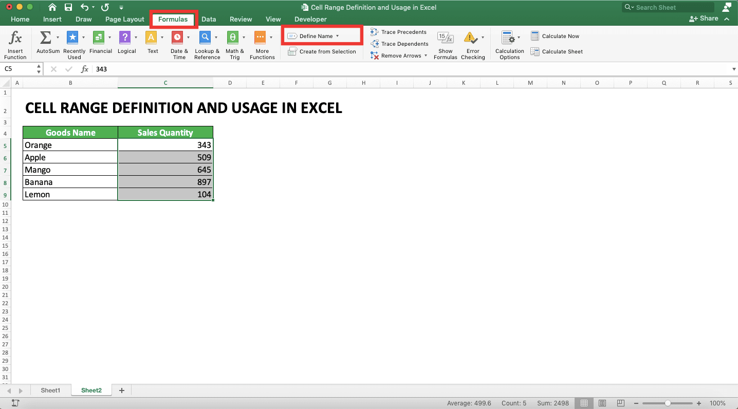 Cell Range Definition and Usage in Excel - Screenshot of the Define Names Choice Location in the Formulas Tab