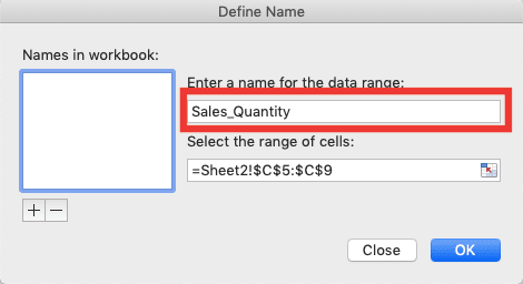Cell Range Definition and Usage in Excel - Screenshot of the Name Text Box of the Define Names Dialog Box