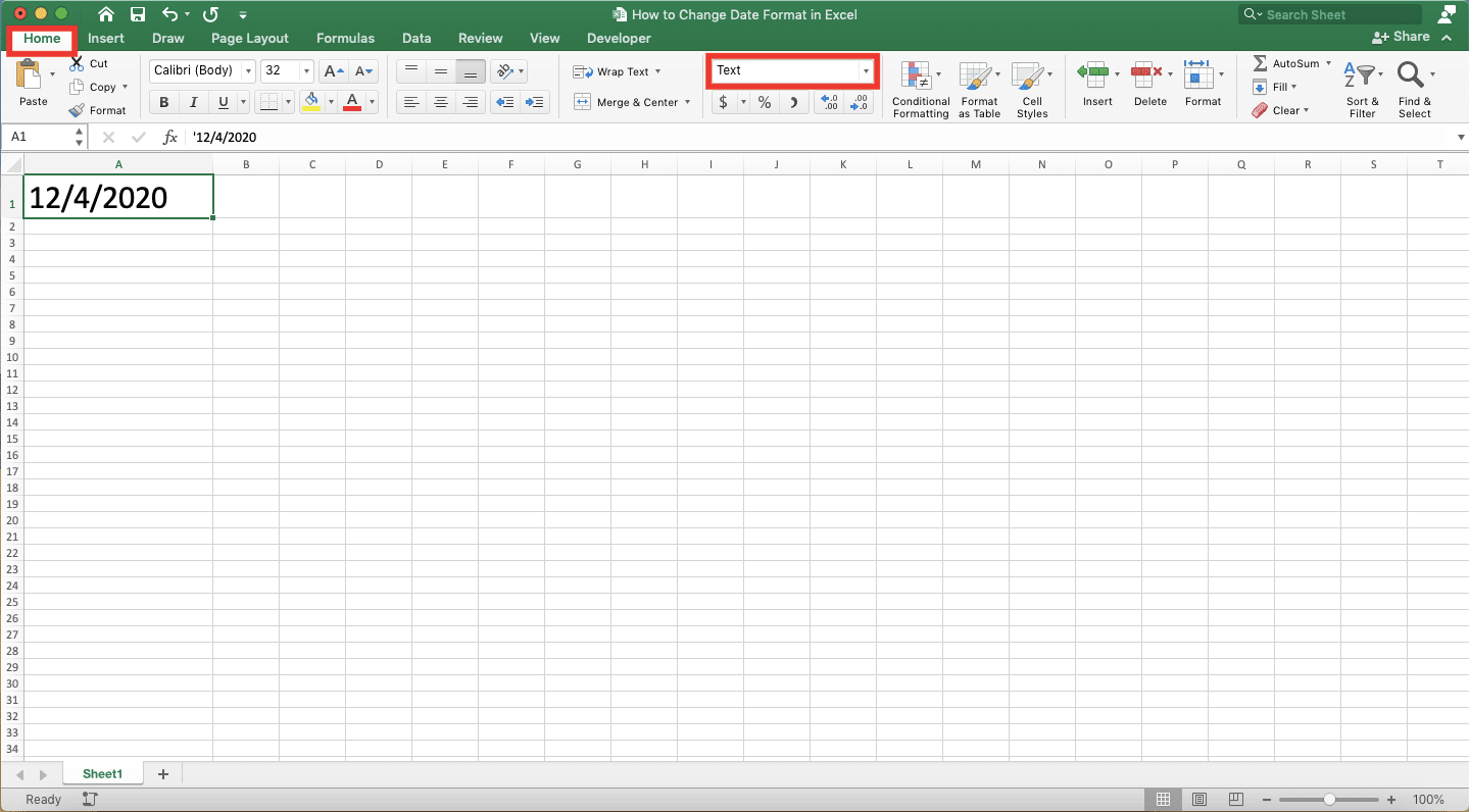 How to Change Date Format in Excel - Screenshot of the Data Format Text Box Location