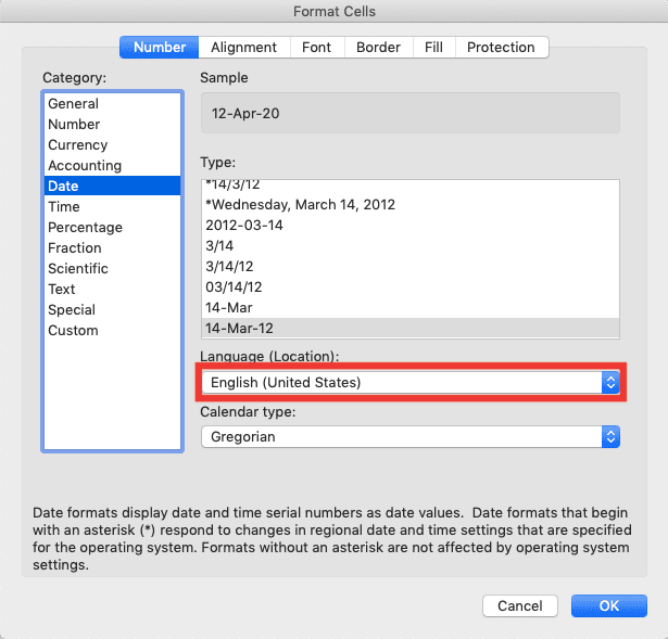 How to Change Date Format in Excel - Screenshot of the Language Dropdown Location in the Format Cells Dialog Box, Date Data Format