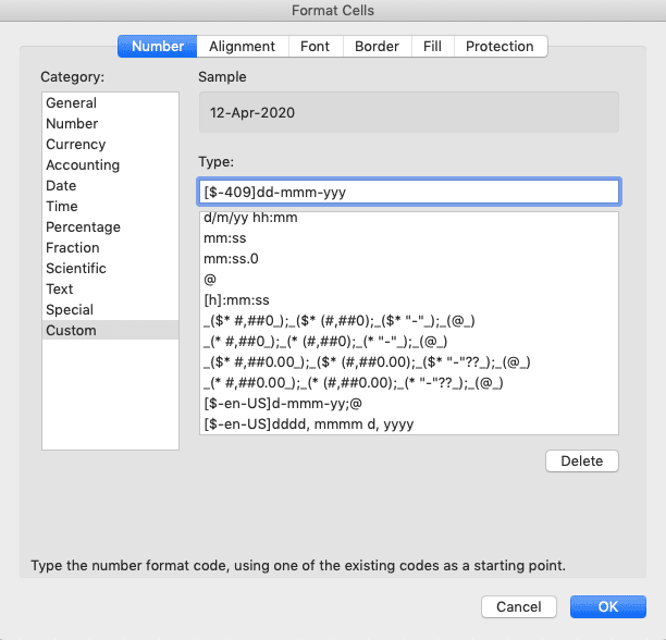 How to Change Date Format in Excel - Screenshot of the Example of Writing a Date Format in the Custom Data Format Text Box With a Locale Code