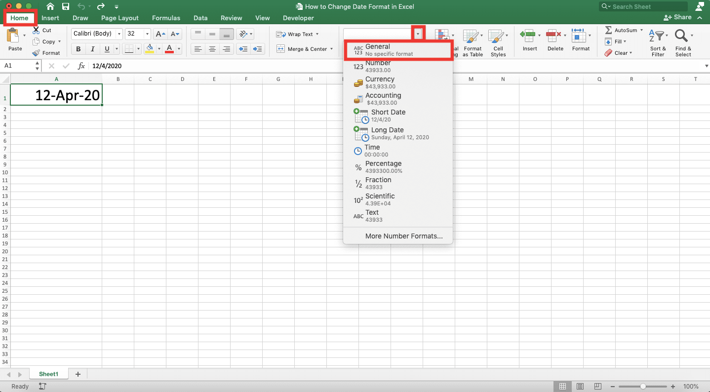 How to Change Date Format in Excel - Screenshot of the Home Tab, Data Format Dropdown Button, and Its General Choice Location