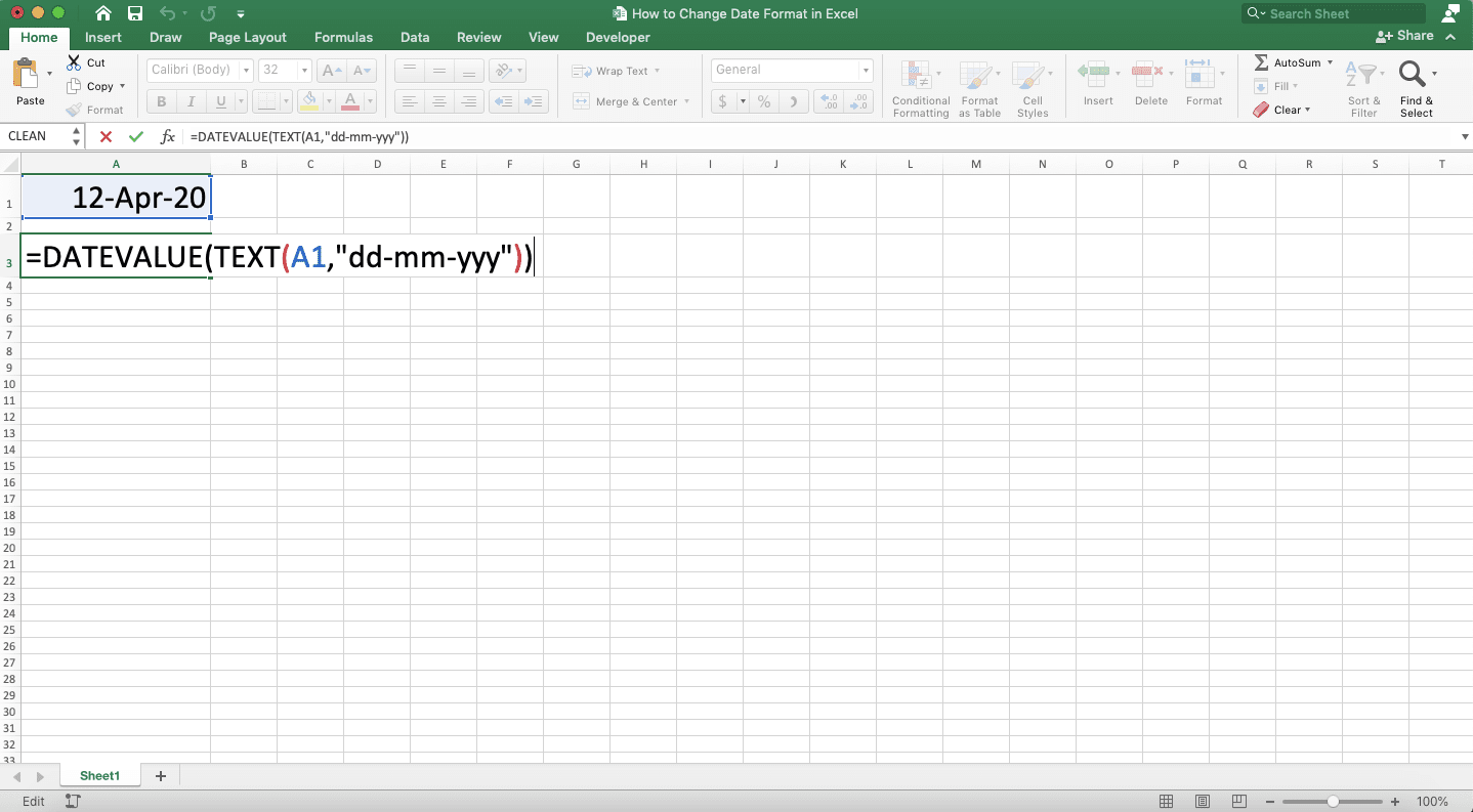 How to Change Date Format in Excel - Screenshot of the DATEVALUE and TEXT Combination Formula Writing Example