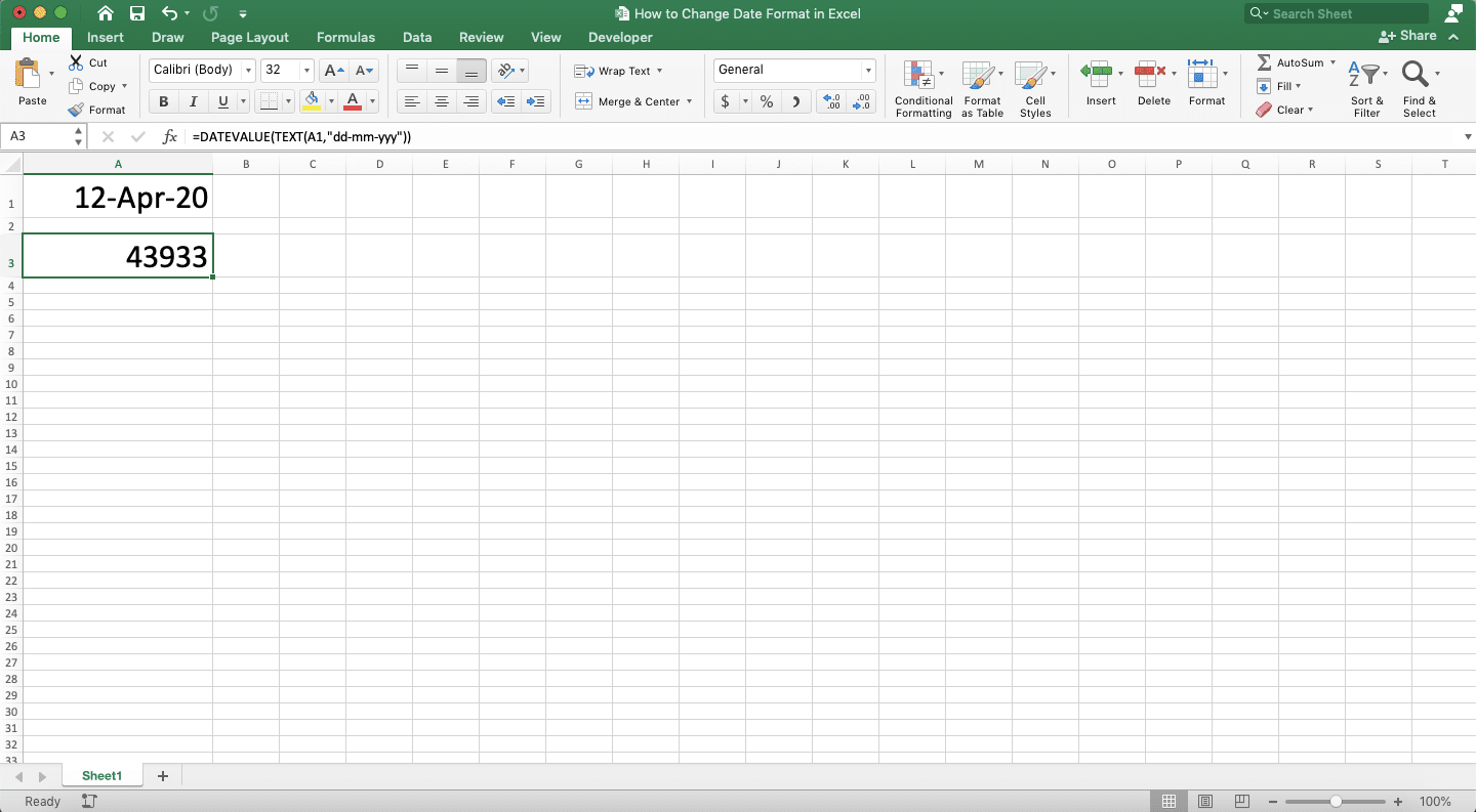 How to Change Date Format in Excel - Screenshot of the DATEVALUE and TEXT Combination Implementation Example