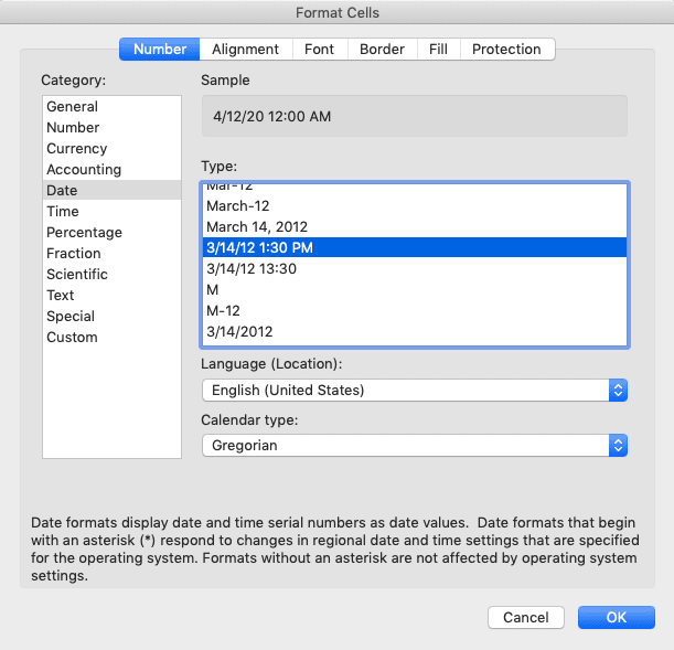 How to Change Date Format in Excel - Screenshot of the Date and Time Format Choice Example in the Format Cells Dialog Box