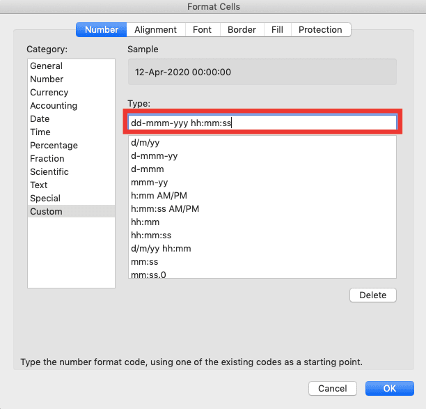 How to Change Date Format in Excel - Screenshot of the Example of Date and Time Format Input in the Custom Data Format Text Box