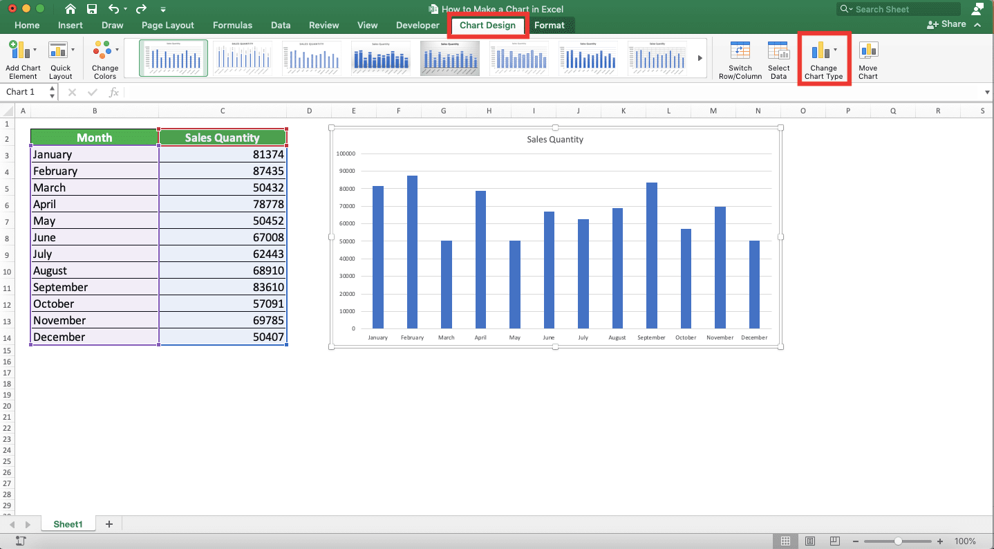How to Make a Chart in Excel - Screenshot of the Change Chart Type Button Location in Excel