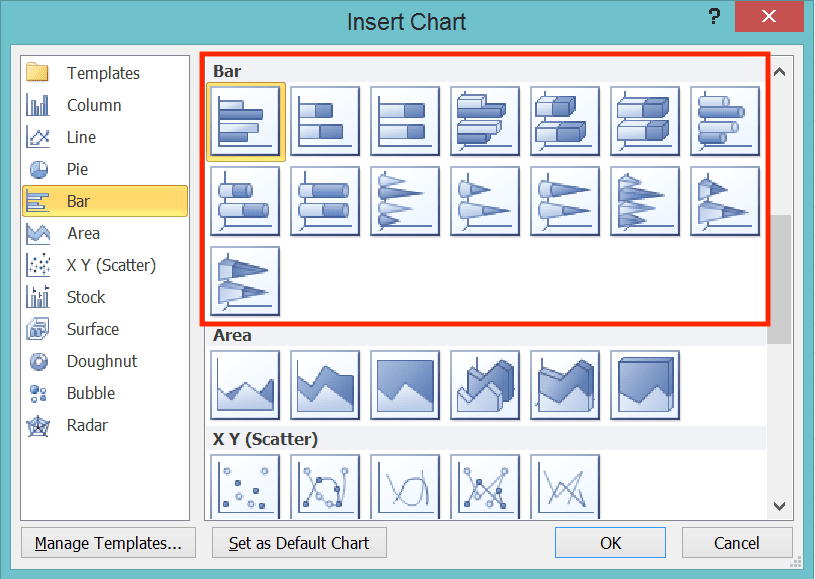 How to Make a Chart in Excel - Screenshot of the Bar Chart Choices in Excel