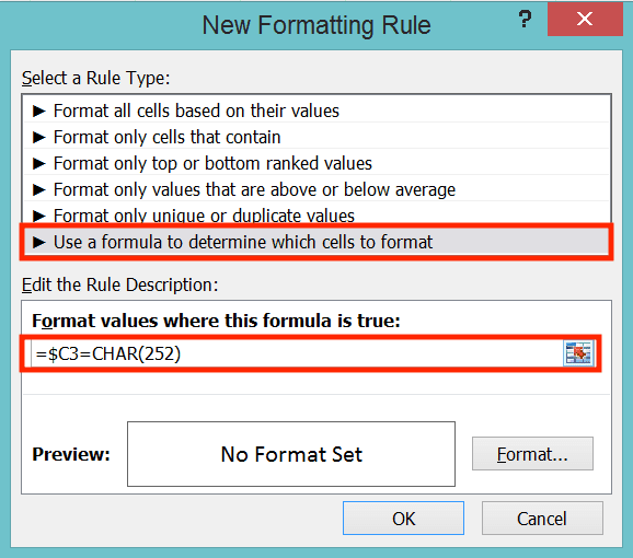 How to Insert a Tick Symbol/Checkmark in Excel - Screenshot of the Rule Type Setting and Formula Rule Example to Conditionally Format Based on Checkmarks/Tick Symbols in Excel