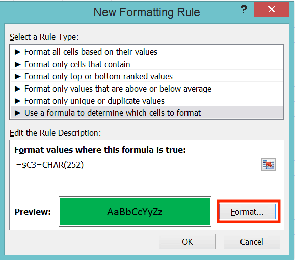 How to Insert a Tick Symbol/Checkmark in Excel - Screenshot of the Formatting Example in the Conditional Formatting Dialog Box to Conditionally Format Based on Checkmarks/Tick Symbols in Excel