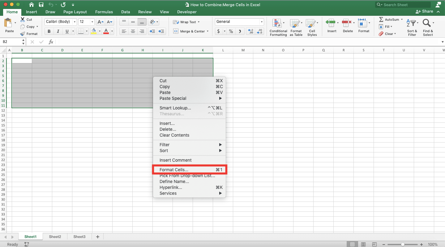 How to Combine/Merge Cells in Excel - Screenshot of the Format Cells... Choice Location in the Right-Click Menu of a Cell Range