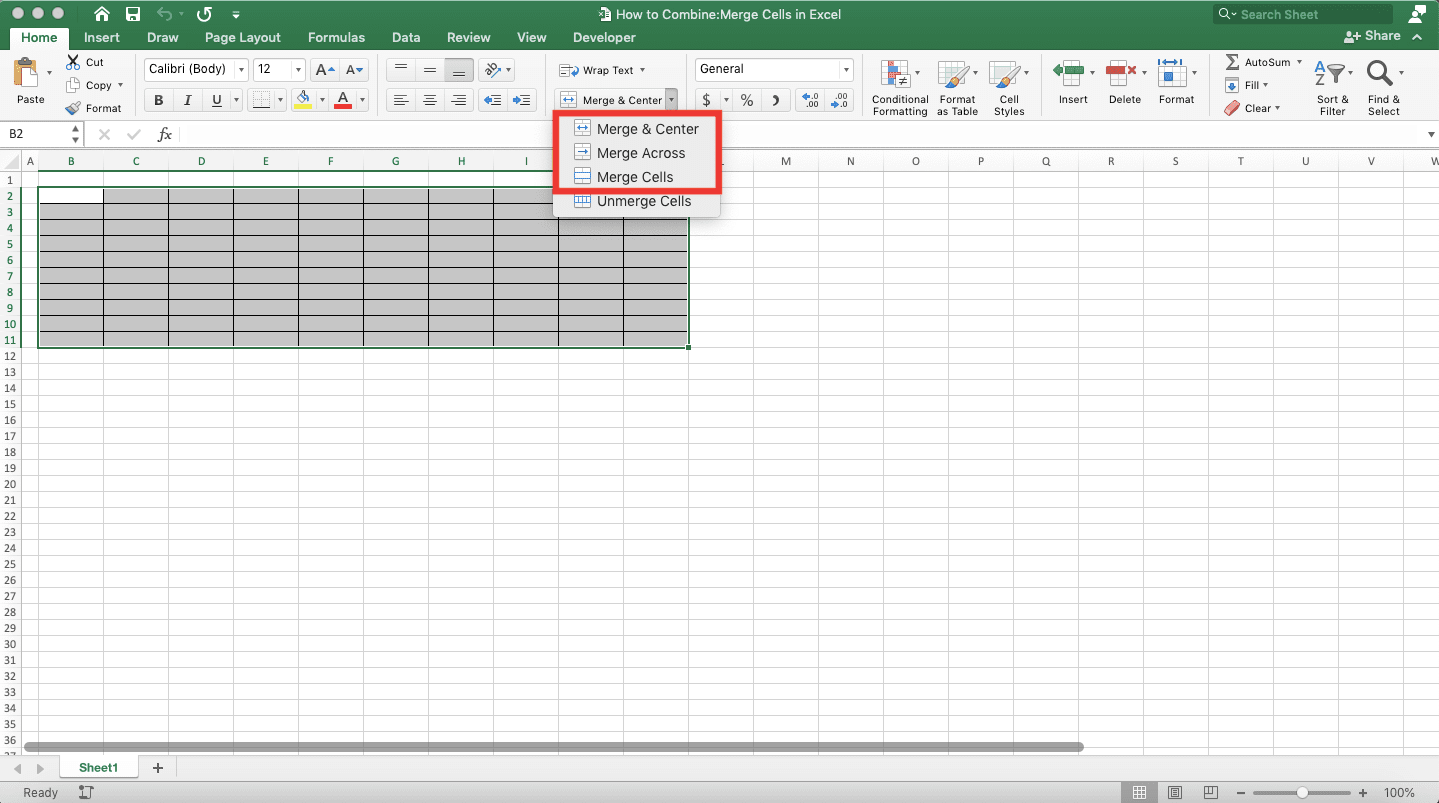 How to Combine/Merge Cells in Excel - Screenshot of Combining Cells through the Merge Menu, Step 3