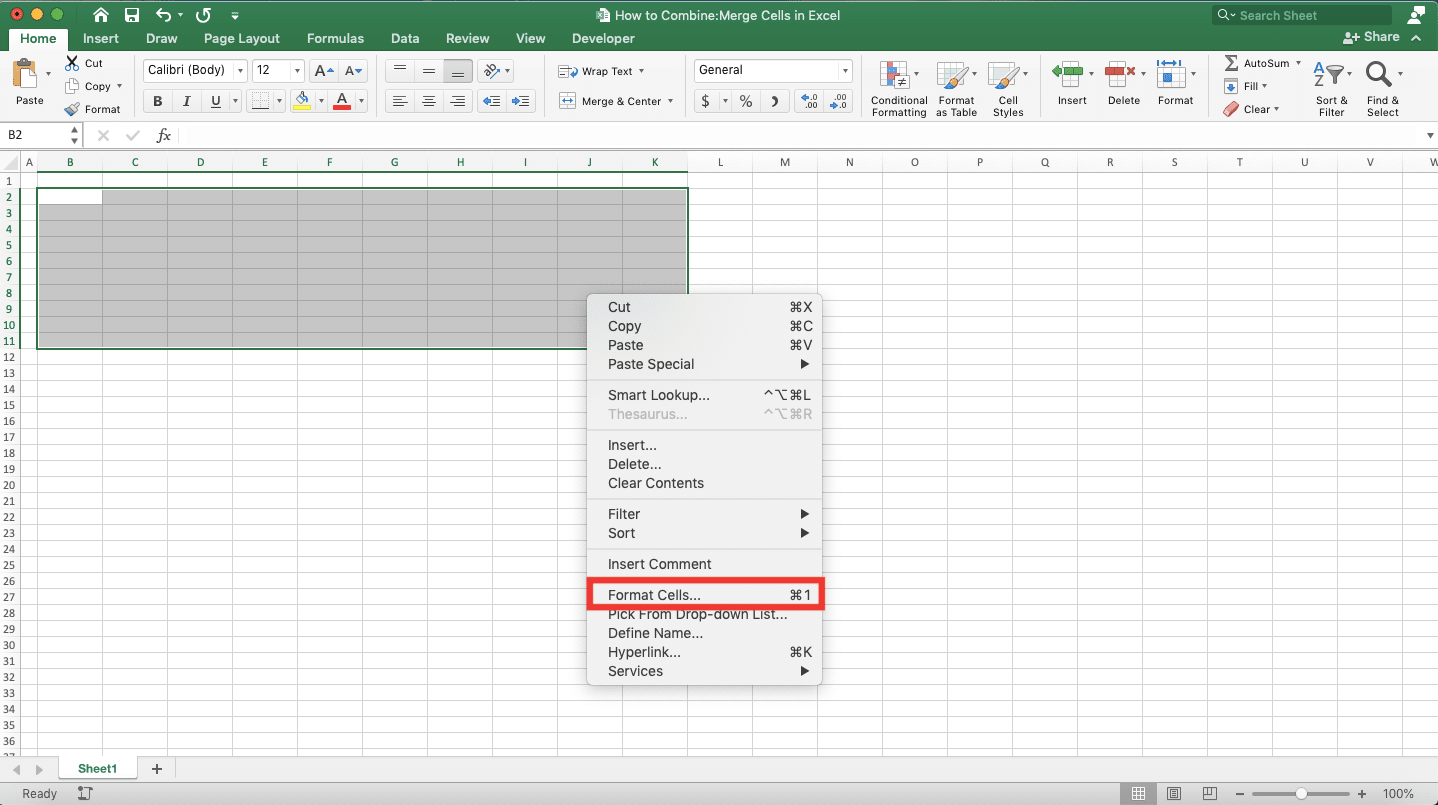 How to Combine/Merge Cells in Excel - Screenshot of Combining Cells through the Right-Click Menu, Step 2