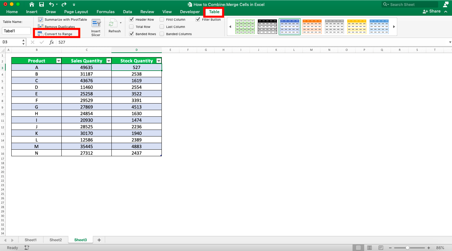 How to Combine/Merge Cells in Excel - Screenshot of the Table Tab and Convert to Range Button Locations