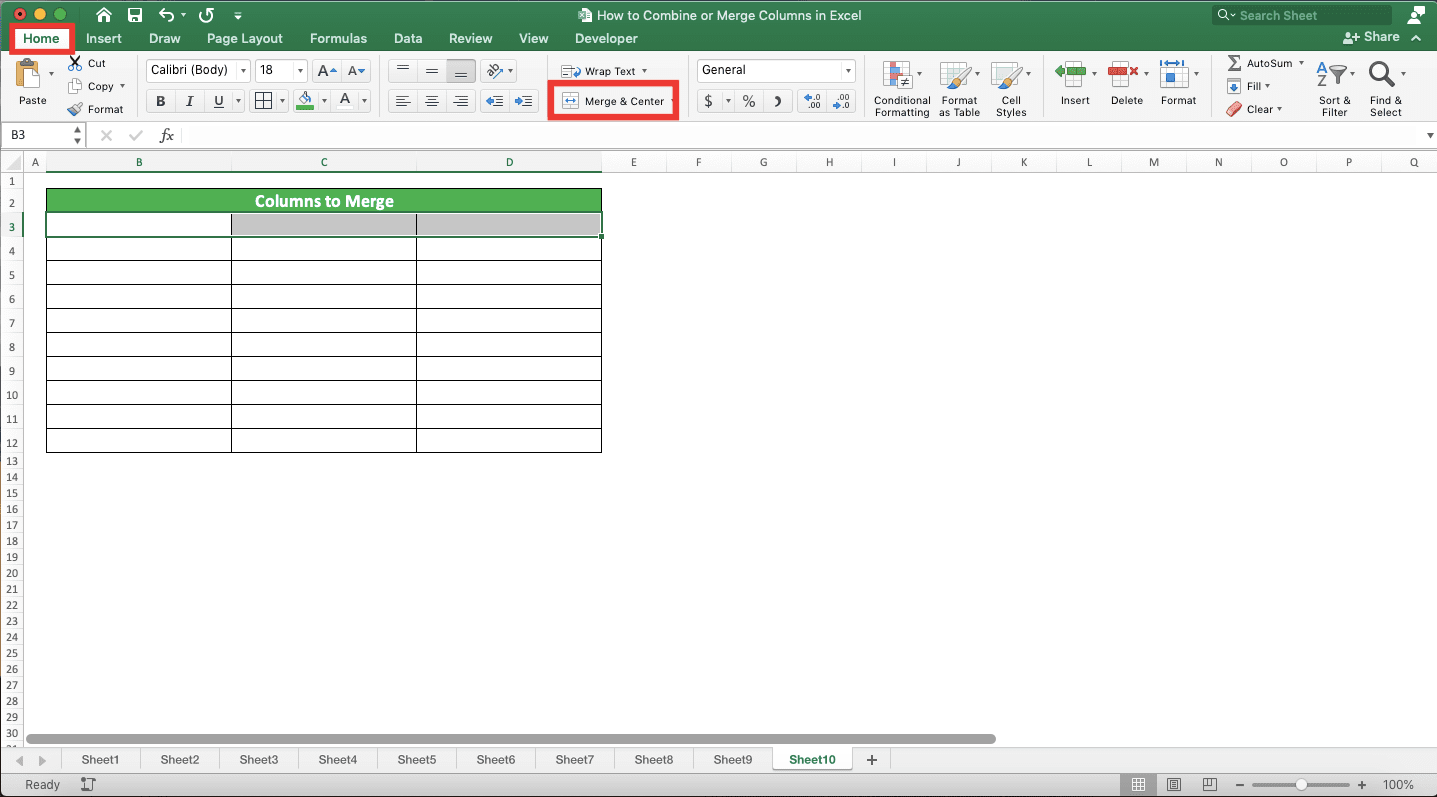 How to Combine/Merge Columns in Excel - Screenshot of the Home Tab and Merge & Center Button Locations
