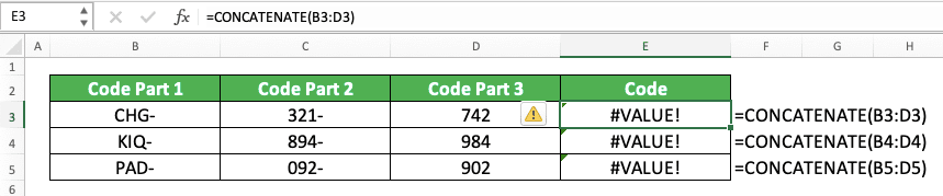How to Combine/Merge Columns in Excel - Screenshot of the CONCATENATE with a Cell Range Input Implementation Example to Combine Columns in Excel