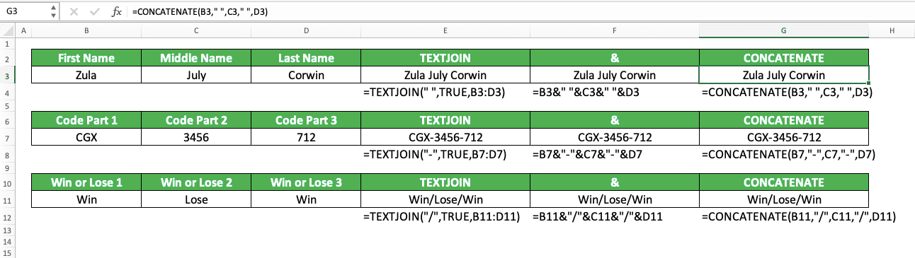 How to Combine/Merge Columns in Excel - Screenshot of the Implementation Example of Combining Columns in Excel with Additional Text