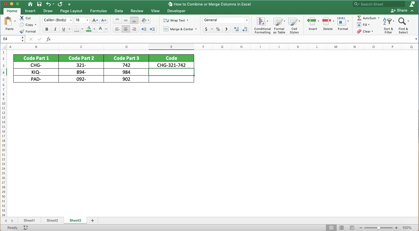 How to Combine/Merge Columns in Excel - Screenshot of the Input Pattern Example for Flash Fill Implementation