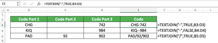How to Combine/Merge Columns in Excel - Screenshot of the TEXTJOIN Implementation Example to Combine Columns in Excel