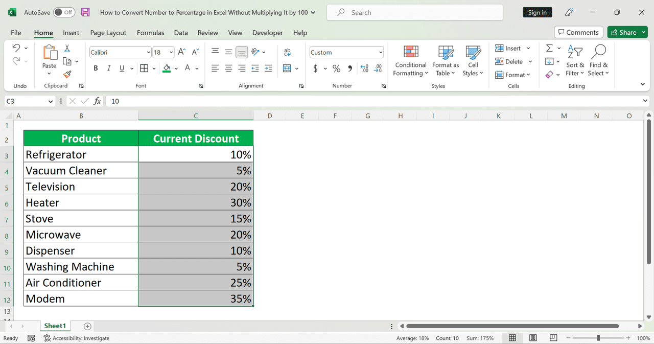 How to Convert Number to Percentage in Excel Without Multiplying It by 100 - Screenshot of How to Convert Number to Percentage in Excel Without Multiplying It by 100 with the Custom Format Method, Step 6