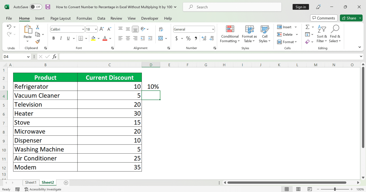 How to Convert Number to Percentage in Excel Without Multiplying It by 100 - Screenshot of How to Convert Number to Percentage in Excel Without Multiplying It by 100 with the Flash Fill Method, Step 1