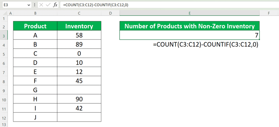 How to Count the Number of Cells with Non-Zero Values in Excel - Screenshot of the COUNT and COUNTIF Formula Implementation Example to Count Non-Blank Cells with Non-Zero Values