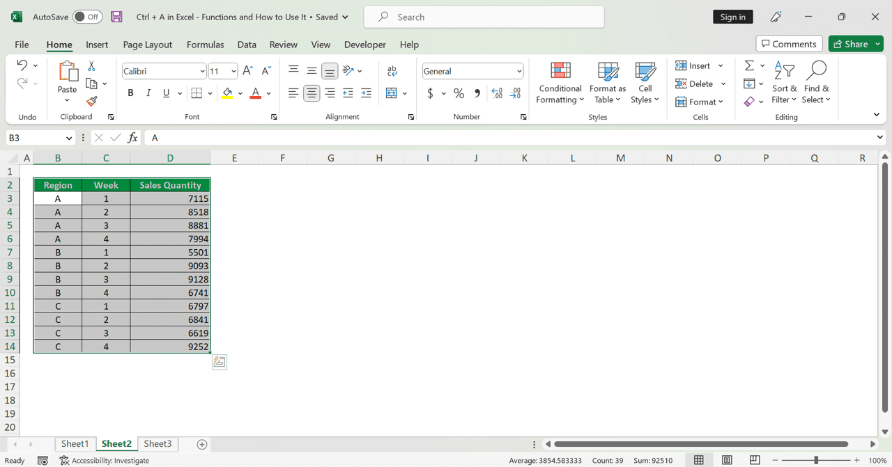 Ctrl + A in Excel: Functions and How to Use It - Screenshot of a Result Example When We Press Ctrl + A Once on a Cell With a Data Table