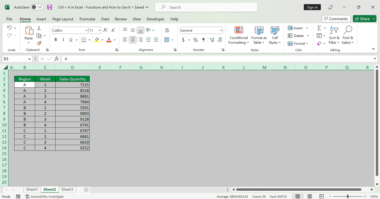 Ctrl + A in Excel: Functions and How to Use It - Screenshot of a Result Example When We Press Ctrl + A Twice on a Cell With a Data Table