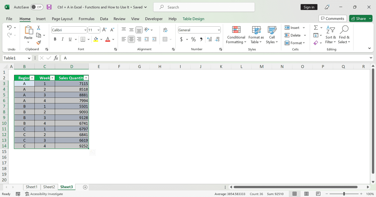 Ctrl + A in Excel: Functions and How to Use It - Screenshot of a Result Example When We Press Ctrl + A Once on a Cell in an Excel Table