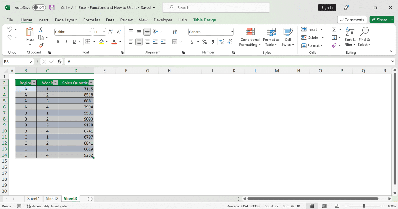 Ctrl + A in Excel: Functions and How to Use It - Screenshot of a Result Example When We Press Ctrl + A Twice on a Cell in an Excel Table