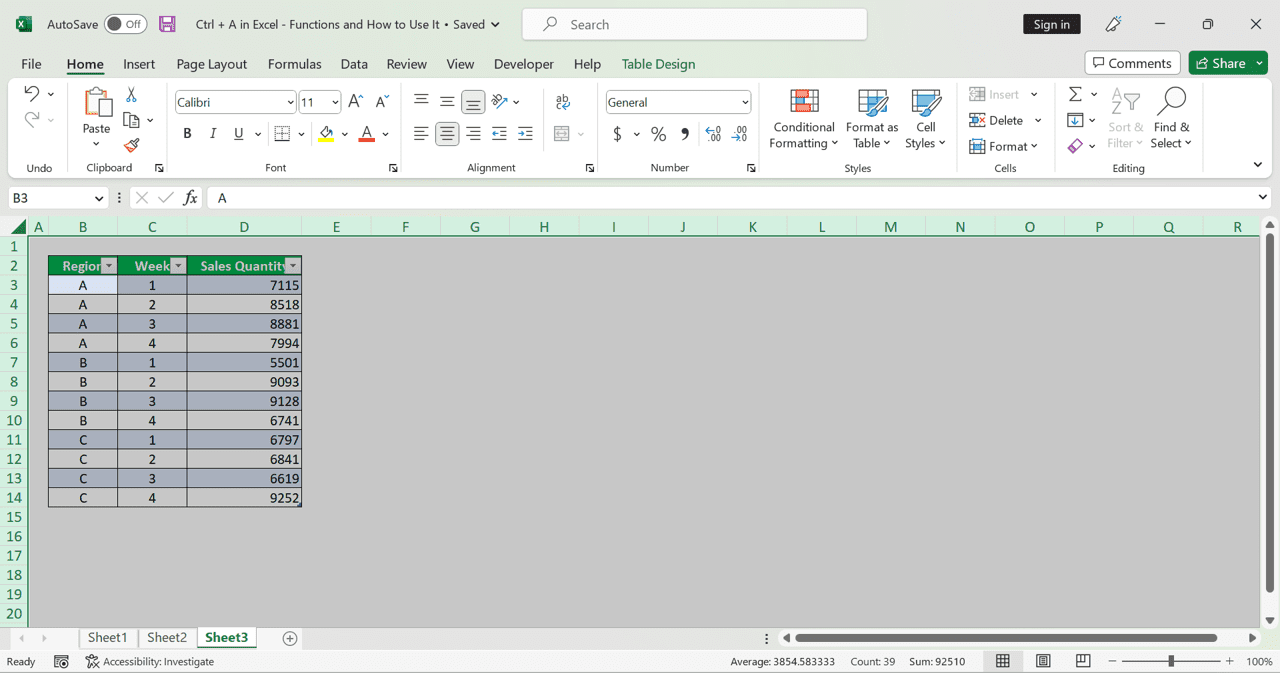 Ctrl + A in Excel: Functions and How to Use It - Screenshot of a Result Example When We Press Ctrl + A Thrice on a Cell in an Excel Table