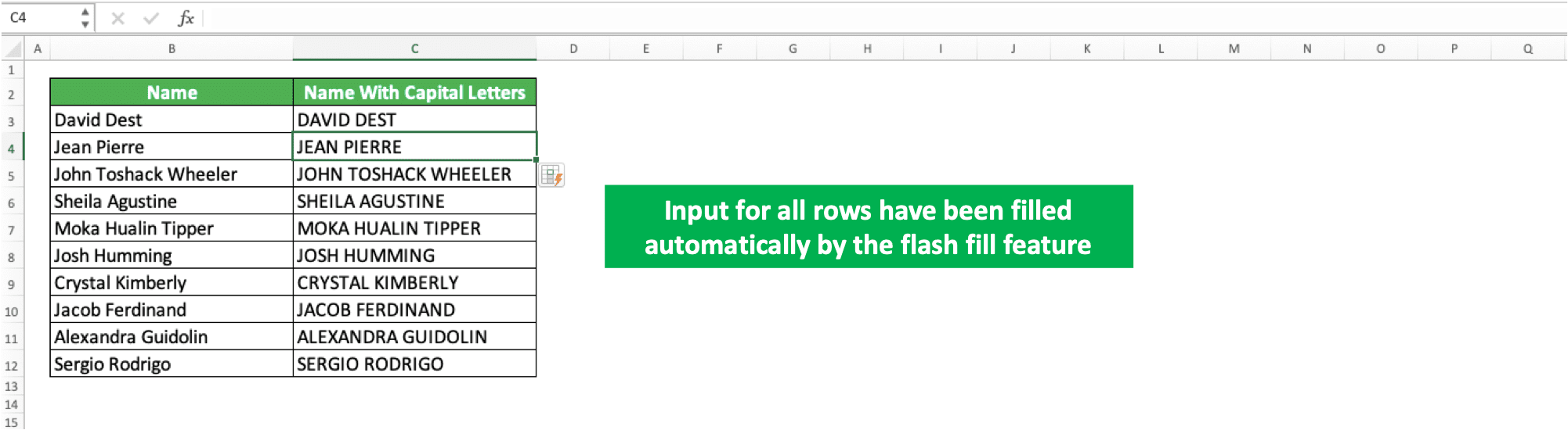 How to Use and the Function of Ctrl + E Excel - Screenshot of the Example for the Flash Fill Results 1