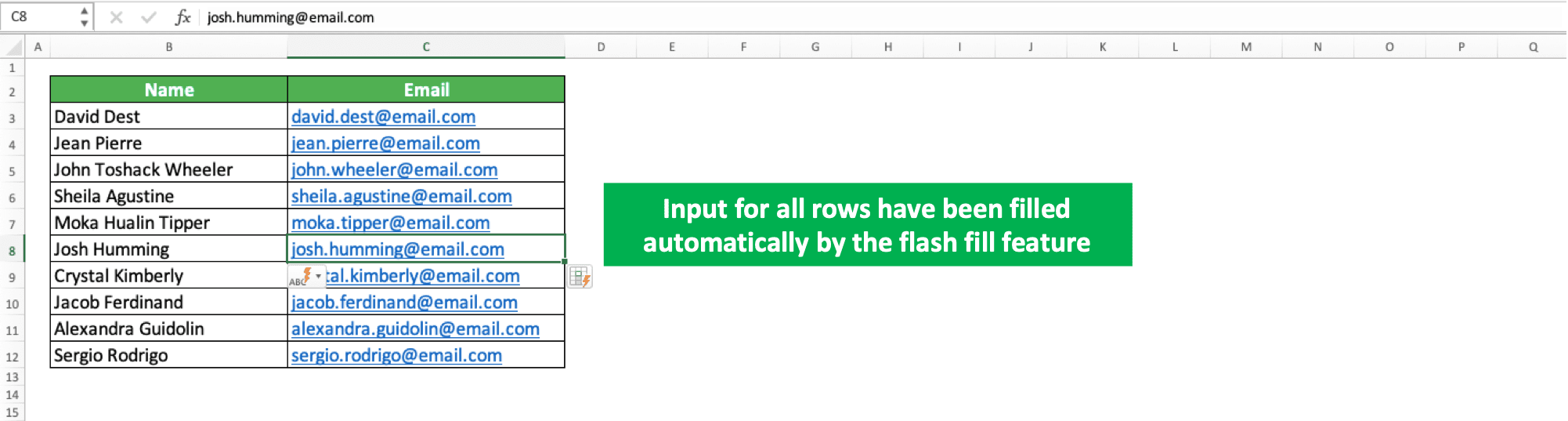 How to Use and the Function of Ctrl + E Excel - Screenshot of the Example for the Flash Fill Results 2