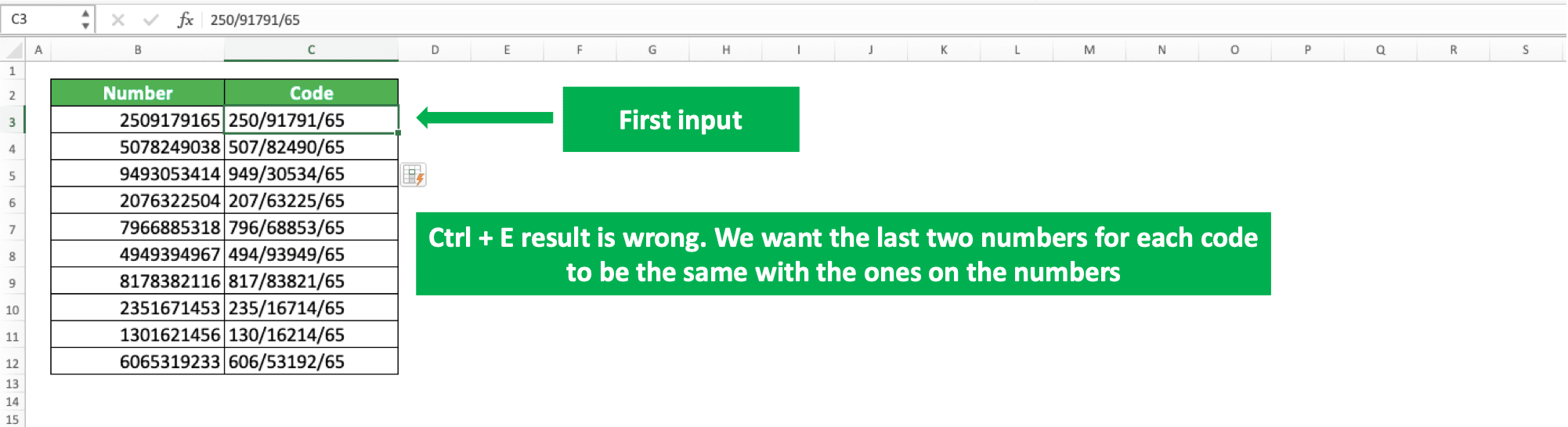 How to Use and the Function of Ctrl + E Excel - Screenshot of the Example for the Wrong Inputs from Flash Fill