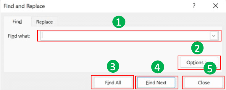 Ctrl + F in Excel: Function and How to Use It - Screenshot of the Parts of the Find & Replace Dialog Box (Find Tab)