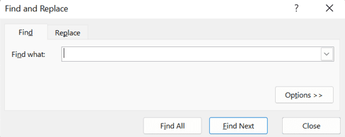 Ctrl + F in Excel: Function and How to Use It - Screenshot of the Find & Replace Dialog Box (Find Tab) that Shows Up After Pressing Ctrl + F