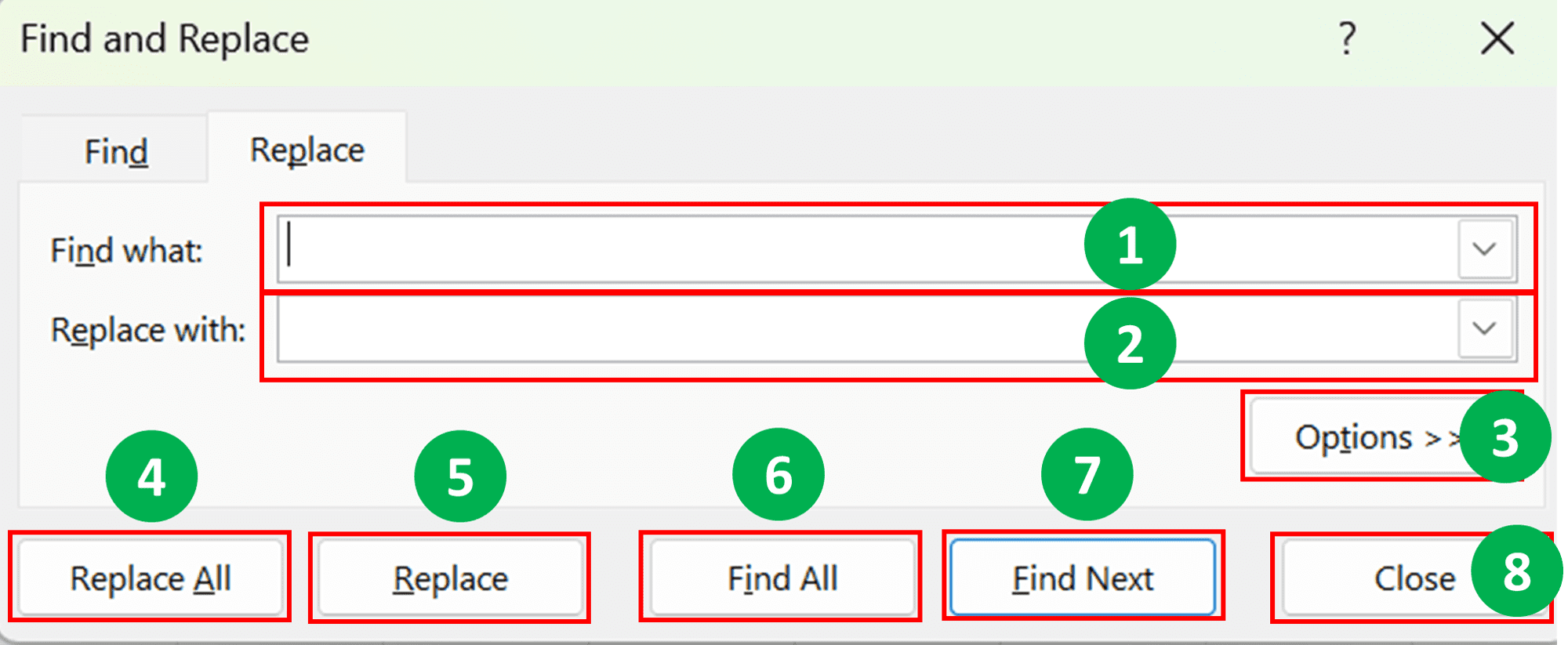 Ctrl + H in Excel: Functions and How to Use It - Screenshot of the Find and Replace Dialog Box Interface Example, With the Replace Tab Selected