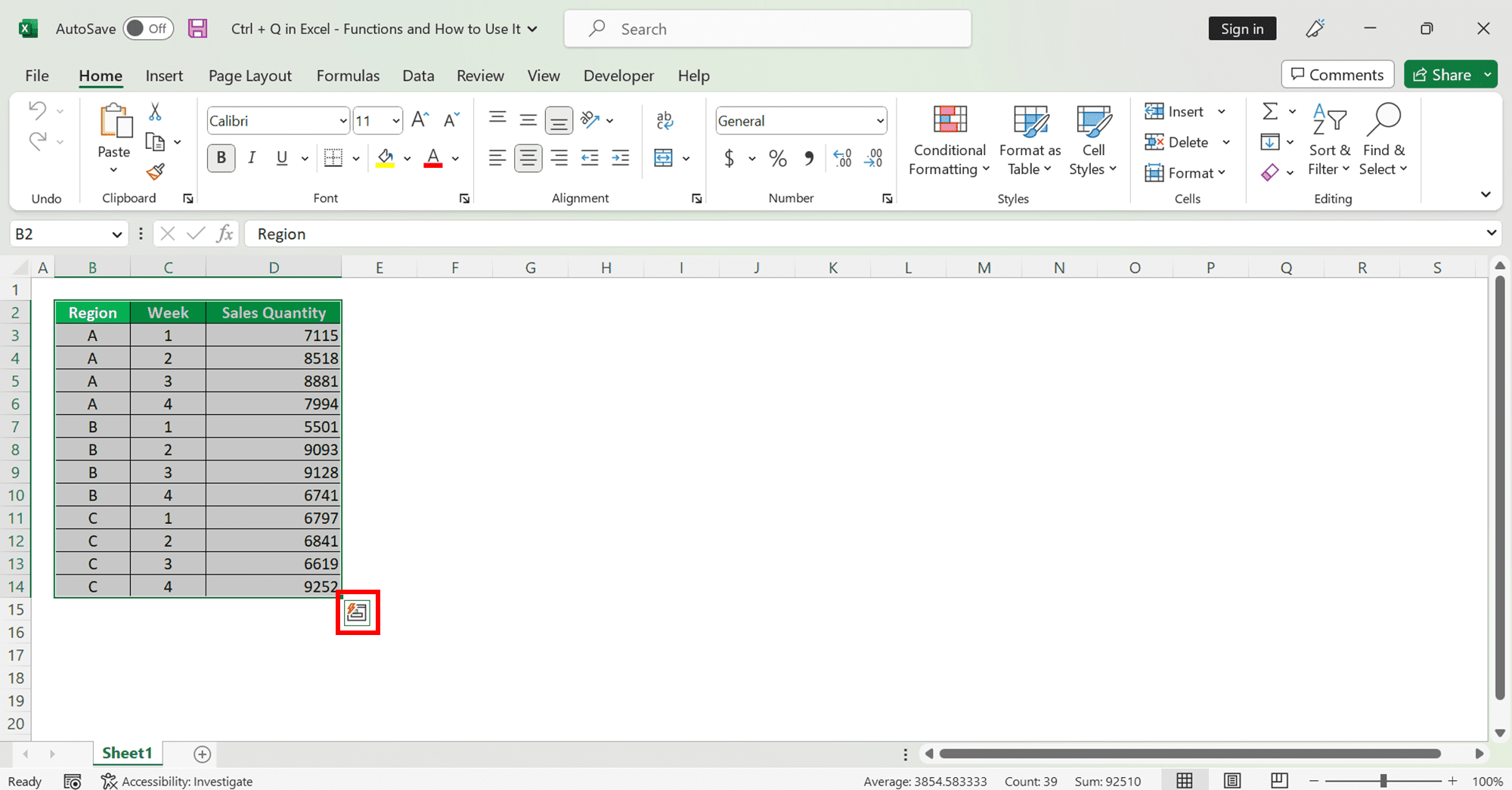 Ctrl + Q in Excel: Functions and How to Use It - Screenshot of the Quick Analysis Tool Button Location